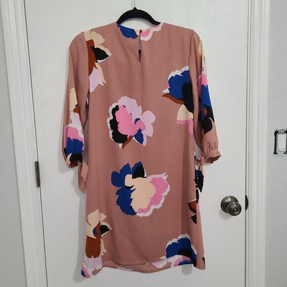 A New Day Women Sz XS Pink Mauve Dress Blue Pink Brown Floral Pattern Tie Sleeve - Picture 2 of 5